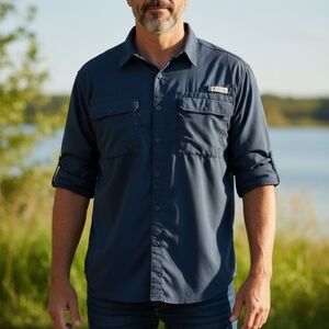 Columbia Mens PFG Omni-Shade 1X Blue Fishing Shirt Long Sleeve